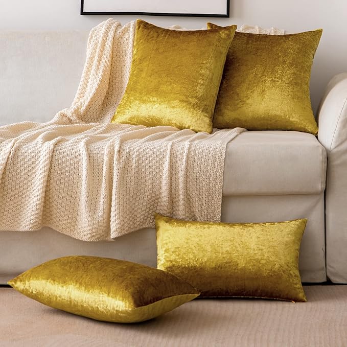EMEMA Fall Bright Gold Velvet Throw Pillow Covers 18x18 Inch Set of 2 Decorative Square Pillowcase Soft Solid Cushion Case for Couch Sofa Bedroom Livingroom