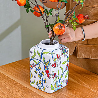 Sungmor Decorative Ceramic Ginger Jar with Lid, Square Ceramic Storage Jar Tea Canister, 8.2" Hand Painted Floral Pattern Porcelain Vase for Table Centerpiece, White Glazed Ginger Jar for Home Decor