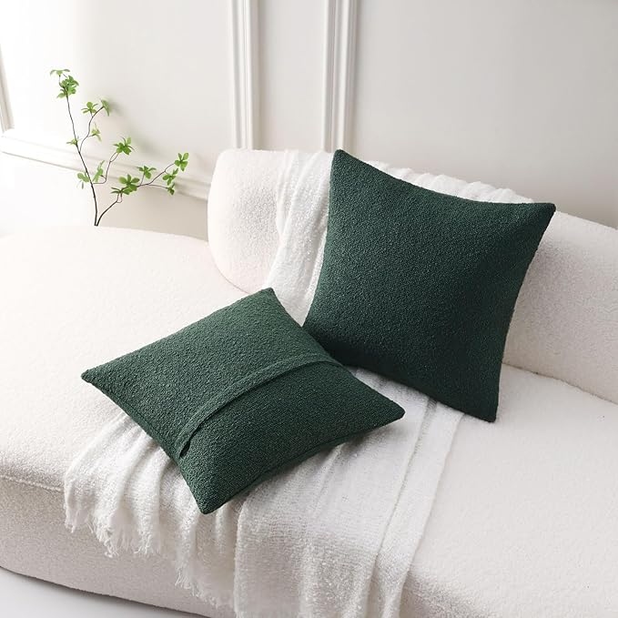 FUTEI Christmas Pack of 2 Dark Green Decorative Throw Pillow Covers 22x22 Inch Soft Cozy Solid Boucle Textured Cushion Case,Modern Home Decor for Couch Bed Living Room