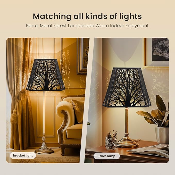 ALUCSET Bell Lamp shade, Large Metal Lampshade(Spider Fitter) Square Cut Corner, (7+9)" Top x (10.25+16)" Bottom x 12.25" High,Etched Forest Lamp Shades Replacements for Table Lamps and Floor Lamps