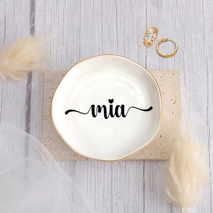 JoycuFF Mia Personalized Name Ceramic Jewelry Tray, Mothers Day Christmas Anniversary Engagement Birthday Gifts for Women Couples, Trinket Dish for Rings Earrings Necklaces Bracelets Keys