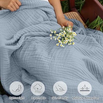 PHF Cooling Muslin Blanket Twin Size 60"x80", 6-Layer Lightweight Gauze Blanket Made from 35% Rayon Derived from Bamboo & 65% Cotton, Breathable & Ultra Soft Cozy for Hot Sleepers, Dusty Blue