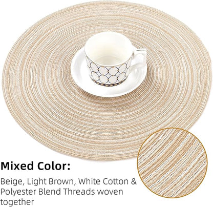 SHACOS Round Braided Placemats Set of 8 Cotton Fabric Round Table Mats Non Slip Washable 15 inch Round Place Mats (Beige, 8)