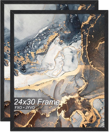 Engineered Wood 24 x 30 Frame Set of 2, Black Picture Frame for 24x30 Inch Poster Puzzle Photo, Light Weight 24by30 Poster Frame with Wood-grain for Wall - 2 Pack/Black/24 x30