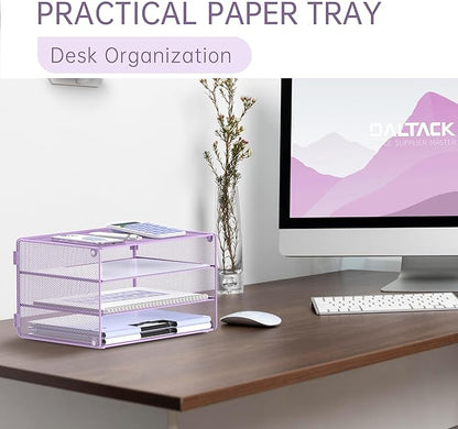 DALTACK 3 Tier Letter Tray Paper Organizer Mesh Metal Desk File Organizer for Home & Office, Light Purple