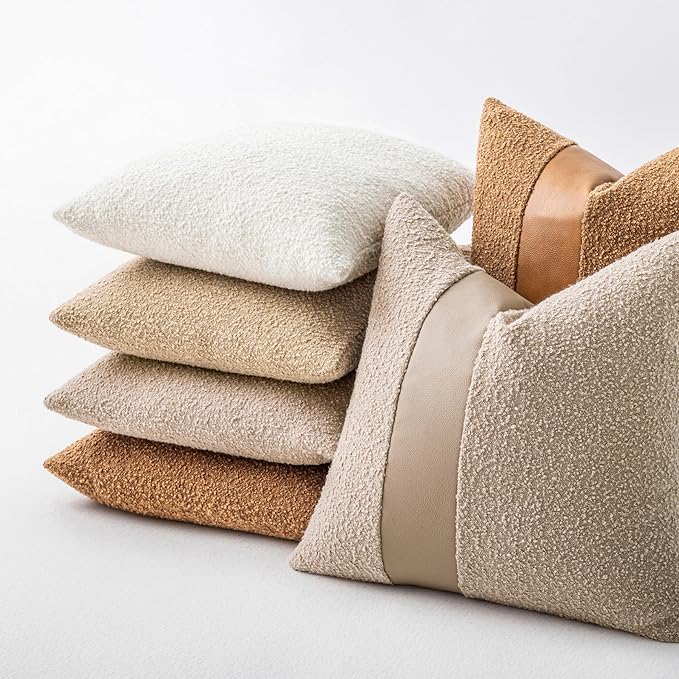 18"x18" Khaki Boucle Throw Pillow Covers with Faux Leather Accents Set of 2 Fluffy Textured Decorative Pillow Cases for Couch Bed Boho Farmhouse Square Cushion Covers for Nordic Home Décor