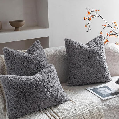 Neelvin Set of 2 Faux Fur Throw Pillow Covers 18x18 Inch Darkgrey Cozy Soft Solid Decorative Pillowcases Thick Plush Sheepskin Cushion Case for Chair and Couch Sofa Bedroom