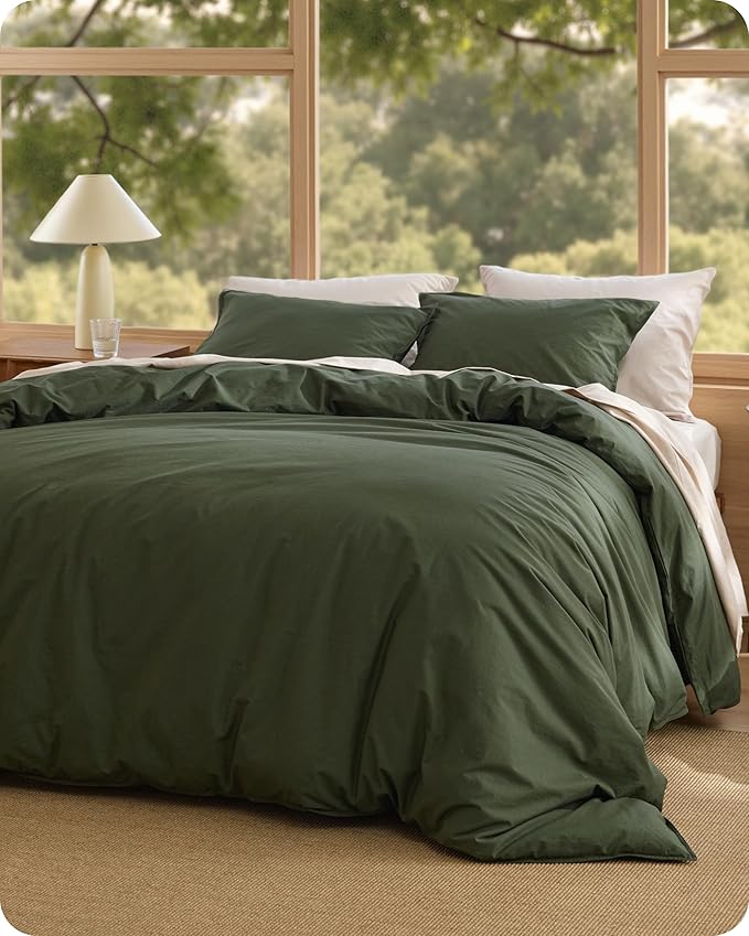 Bedsure Cotton Duvet Cover King - Luxury Slub Weave 100% Cotton Duvet Cover with a Linen Like Textured, Easy Change Durable Bedding, Olive Green, 104" x 90"