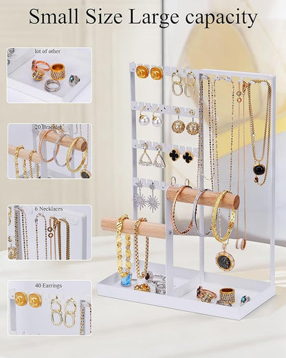 Jewelry Organizer Stand, Jewelry Holder, Necklace Organizer Box for Necklace Bracelet Earring Ring, White Metal Frame for Vanity Tabletop Decor