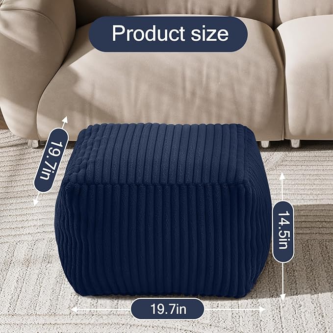 MeMoreCool Square Stuffed Pouf Ottoman Foot Rest, Stripe Furry Floor Pouf Foot Stool with Foam Chunk Filling, Soft Fluffy Stuffed Ottoman Footrest for Living Room, Faux Fur Navy