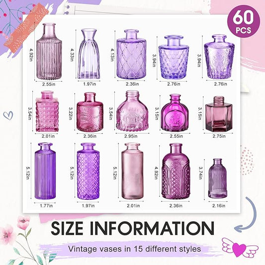 Yaomiao 60 Pcs Vases Bulk Colored Flower Glass Vases Bud Vintage Colored Glass Bottles Colorful Rustic Embossed for Home Wedding Table Decorations Gifts (Pink Series)
