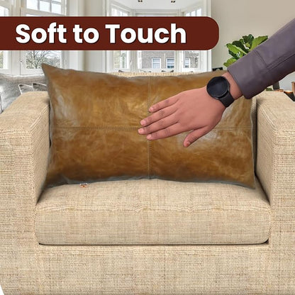 100% Lambskin Leather Pillow Cover - Sofa Cushion Case - Decorative Throw Covers for Living Room & Bedroom, 12x20 Inch - Gold Crunch Plain Pack of 1