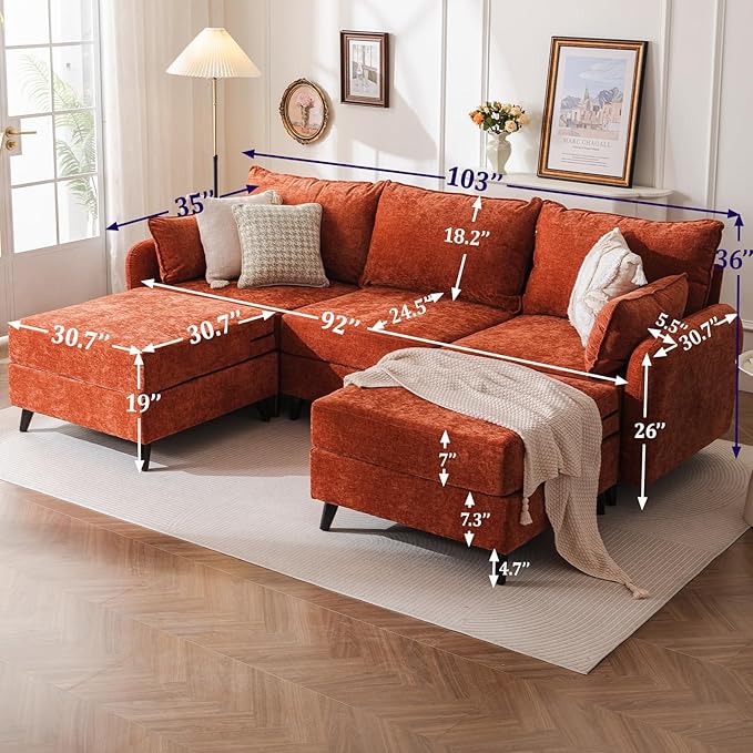 104'' Modular Sectional Sofa with Seats Storage,Oversized U Shaped Couch for Living Room,Comfy 3-Seater Cloud Couches with Deep Seat, Movable Ottoman, 2 Throw Pillow,Chenille,Orange