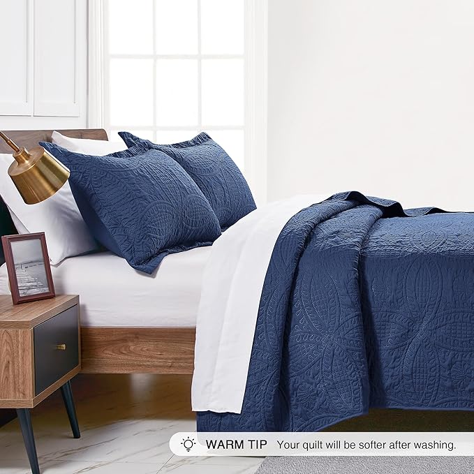 Love's cabin Quilts for Full Bed Navy Bedspreads Bedding Set - Summer Lightweight Bedspread Comforter - Coin Pattern Bedding Coverlet for All Season - 3 Pieces (1 Quilt, 2 Pillow Shams)