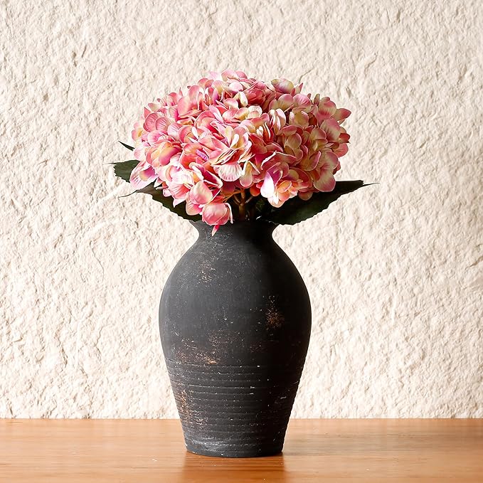 Black Ceramic Flower Vase, 9.17 Inch Pottery Rustic Vase for Shelf,Tabletop, Vintage Farmhouse Home Decor for Coffee Table, Living Room,Mantle, Fireplace, Entryway