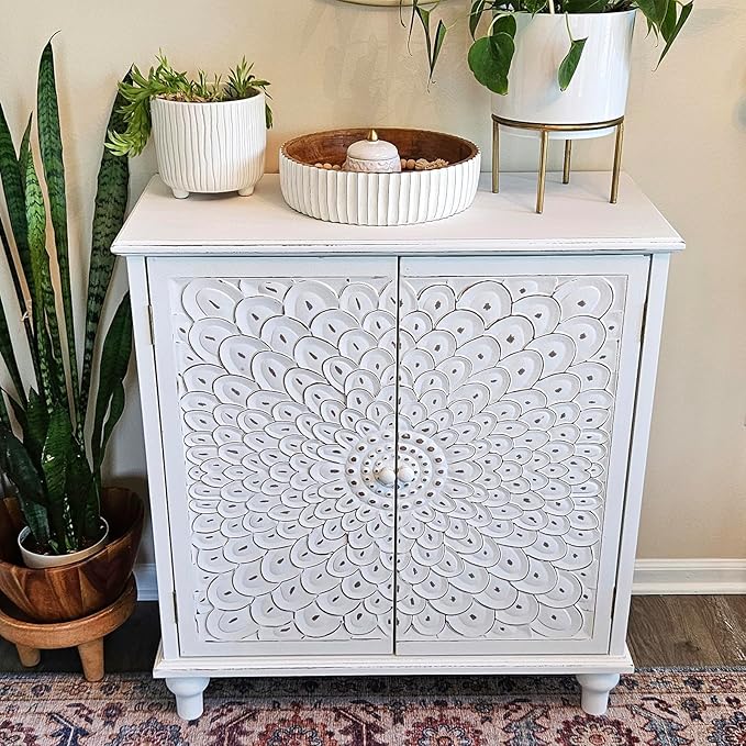 MAISON ARTS White Accent Cabinet with 2 Doors, Farmhouse Distressed Storage Cabinet w/Solid Wood Legs for Living Room Entryway, Kitchen Sideboard Buffet Cabinet, Feather Pattern