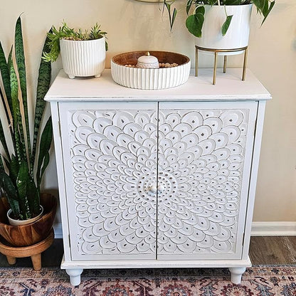 MAISON ARTS White Accent Cabinet with 2 Doors, Farmhouse Distressed Storage Cabinet w/Solid Wood Legs for Living Room Entryway, Kitchen Sideboard Buffet Cabinet, Feather Pattern