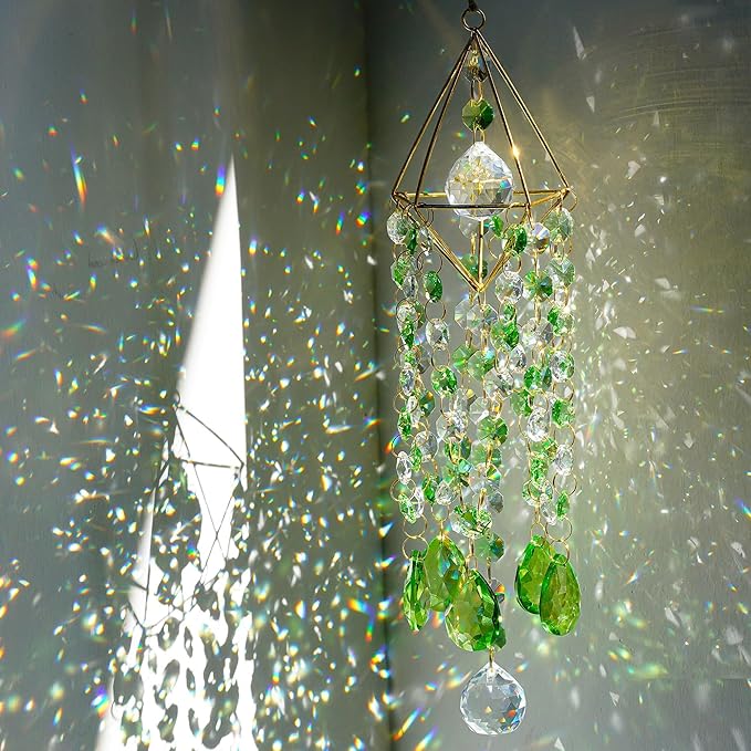 HDCRYSTALGIFTS Crystal Suncatcher Glass Wind Chimes Style Sun Catchers Indoor Window Rainbow Prisms Suncatcher for Window Hanging Home Garden Decor (21.5inch,Green)