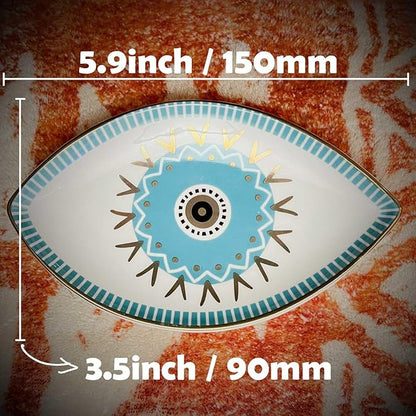 Exquisite Small Ceramic Jewelry Tray - Trinket Dish Evil Eye Decor, Gold Plate Ring Holder, Modern Boho Home Essentials, Perfume Organizer, Witchy, Aesthetic Room Decor (Blue)