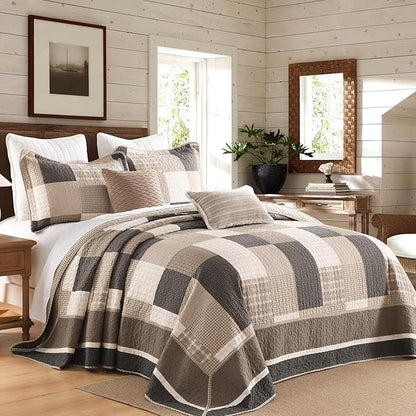 Farmhouse Queen Size Bedspread 102"x120" - 100% Cotton Lightweight Oversized Queen Quilt with 2 Pillowshams, Cottage Plaid Quilted Bedding Coverlet for All Season, 3Pcs, Brown/Beige/Oatmeal