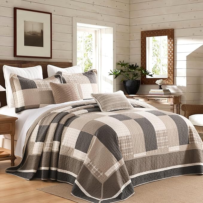 Farmhouse Oversized King Size Bedspread 120"x120" - 100% Cotton Lightweight Cal King Quilt with 2 Pillowshams, Cottage Plaid Quilted Bedding Bed Spreads Coverlet, 3Pcs, Brown/Beige/Oatmeal