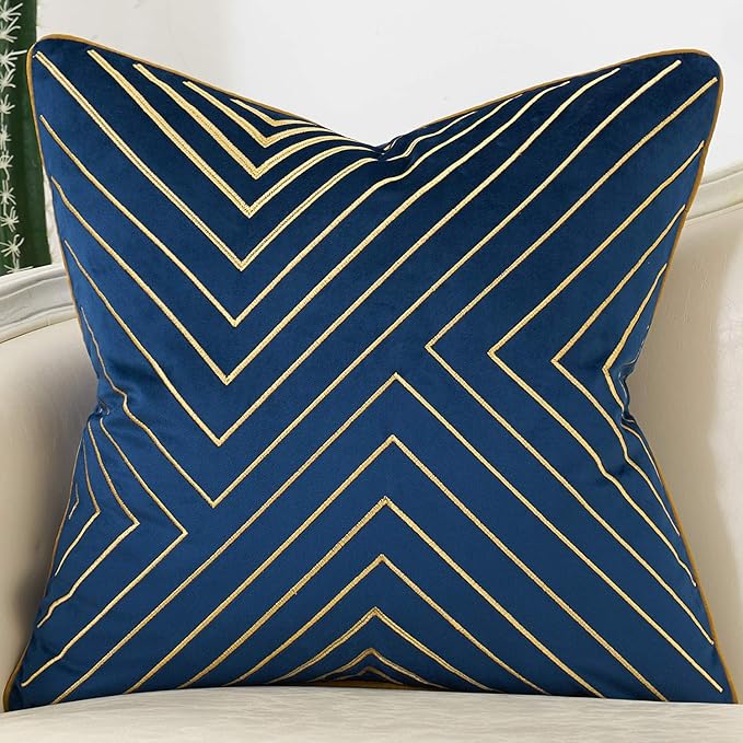 Avigers 20 x 20 Inch Navy Blue Gold Striped Geometric Lines Embroidery Velvet Cushion Case Luxury Modern Throw Pillow Cover Decorative Pillow for Couch Living Room Bedroom Car 50 x 50cm