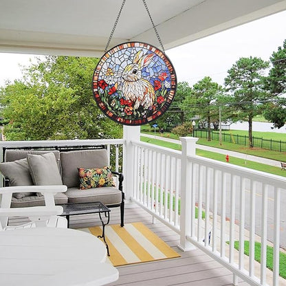 Rabbit Stained Glass Window Hanging, 7.8" Round Sun Catcher Hand Painted Wall Art Decor with Chain, Unique Housewarming Gifts for Couples, Home