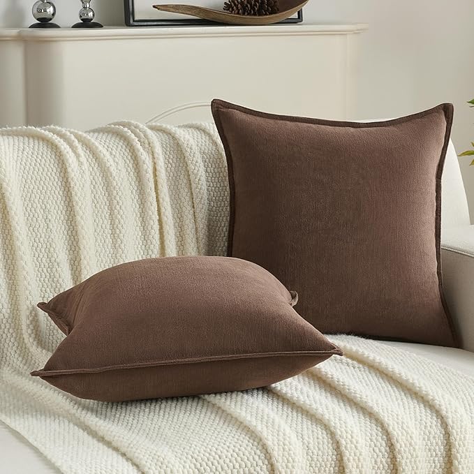 FUTEI Brown Chenille Throw Pillow Covers 18x18 Inch Set of 2,Edges Double-Stitched Cushion Cases,Modern Home Decor for Couch Living Room