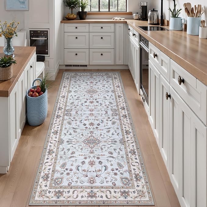 Tangsoo 2x6 Washable Runner Rug for Hallways,Vintage Boho Light Blue Non Slip Rug Runner, Soft Low Pile Floral Entryway Floor Carpet for Kitchen Bedside Bathroom Kid & Pets Friendly Home Decor