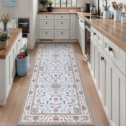 Tangsoo 2x6 Washable Runner Rug for Hallways,Vintage Boho Light Blue Non Slip Rug Runner, Soft Low Pile Floral Entryway Floor Carpet for Kitchen Bedside Bathroom Kid & Pets Friendly Home Decor