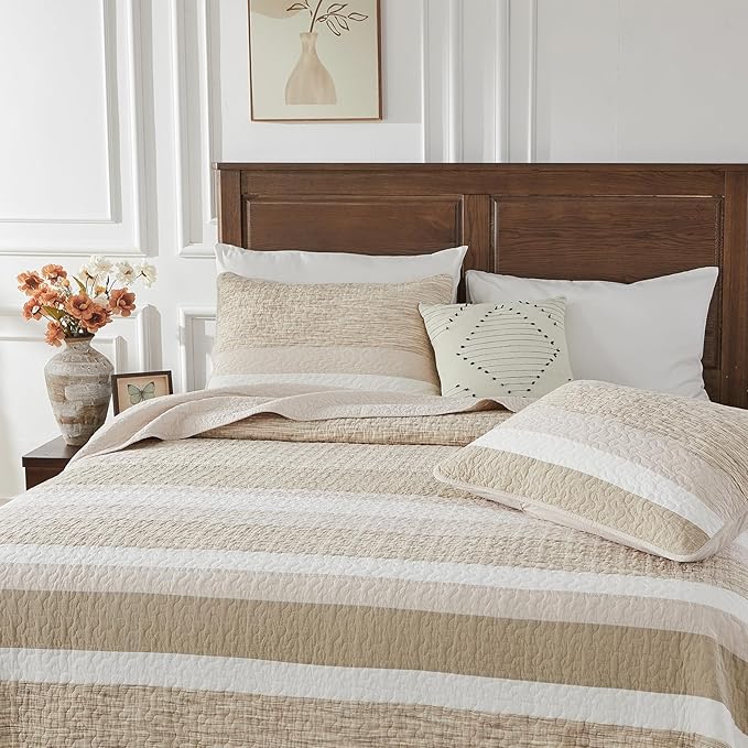 Finlonte 100% Cotton Overized Queen Bedspread Set, Striped Reversible Lightweight Quilted Bedspreads Coverlet, 3-Piece, Brown, Queen Size