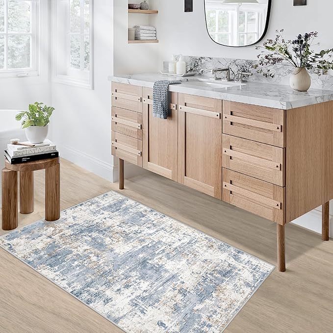 2x3 Area Rugs for Entryway, Washable Modern Abstract Small Rug Neutral Soft Non Slip Throw Rugs Stain Resistant Indoor Floor Door Mat for Kitchen Entrance Bedside Laundry Room(Blue, 2'x3')