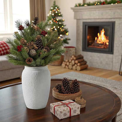 Ceramic Farmhouse Flower Vase, 8.2 Inch Terracotta Rustic Vase, Christmas Decorative Pottery Flower Vases for Living Room, Entryway, Table, Shelf Decor