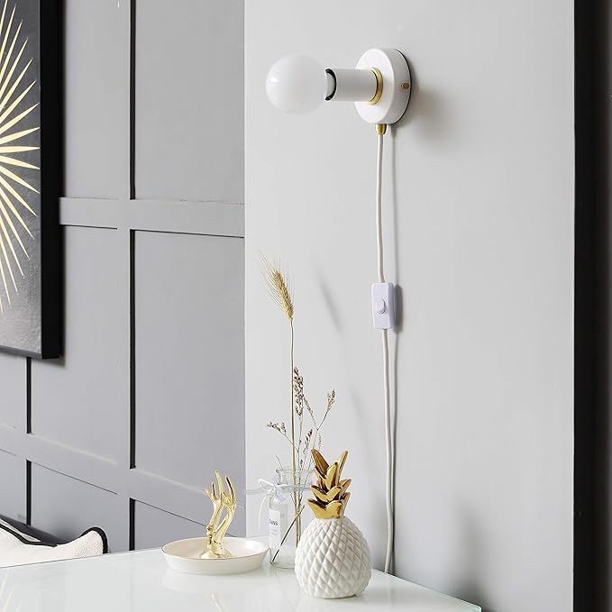 BRIGHTTIA Plug-in Simple Ring Wall Sconce - White/Gold - Portable Wall Lamp with 15Ft Cord & Plug for Rental Apartments - Versatile Lighting - No Wiring Needed (BW0005-1WGP)
