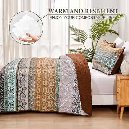 WONGS BEDDING Boho Fall Queen Quilt Set, Brown Bohemian Queen Quilt Bedding Set, Lightweight Microfiber Bed Decor Bedspread for All Season 96"x90"(3 Pieces)