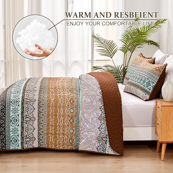 WONGS BEDDING Boho Fall Quilt Set Full, Brown Bohemian Quilt Bedding Set, Ultra Soft Lightweight Bedspread for All Season Reversible Microfiber Coverlet Bedding Set 90"x78"(3 Pieces)