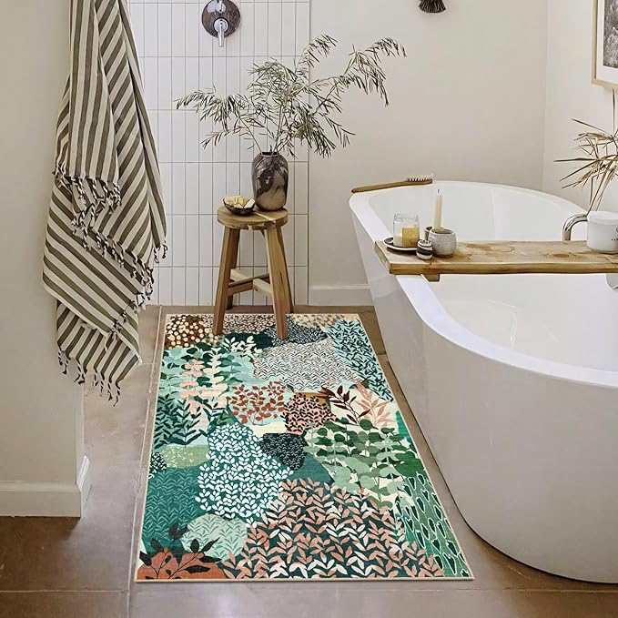 DEXDE 2x3 Area Rug, Small Boho Rugs Entryway Doormat Indoor Machine Washable Non-Slip Abstract Botanical Leaves Floral Print Floor Carpet for Living Room Bedroom Office Playroom, Dark Green