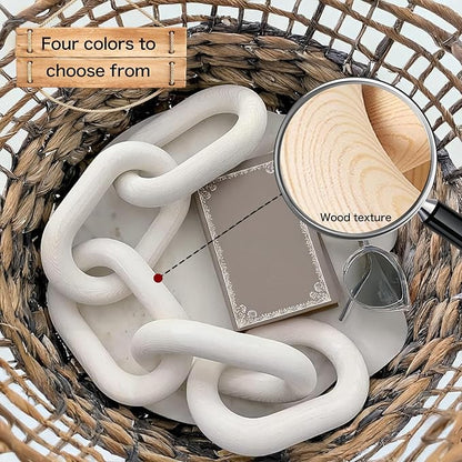 Wood Chain Link Decor, 5-Link Wooden Decorative Chain Ornament, Hand Carved Rustic Farmhouse Home Decor for Living Room, Shelves, Coffee Table (White)