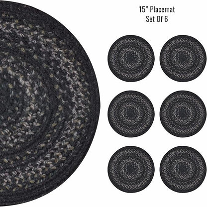 Homespice Jet Black Jute Woven Round Placemats Set of 6, 15", Warm Primitive Decor Table Mats - Vibrant Colors, Durable, Easy to Clean and Protects Furniture