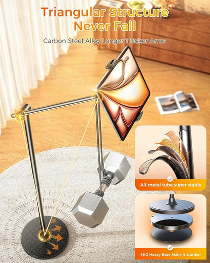 DIMONCOAT [Height-Adjustable & 360° Rotation Tablet Floor Stand Stable Base, Aluminum Alloy iPad Stand Floor Holder for iPad Mini Air Pro 12.9/9.7, Monitor, Kindle, iPhone 16, Cell Phones (4.7"-15.6")