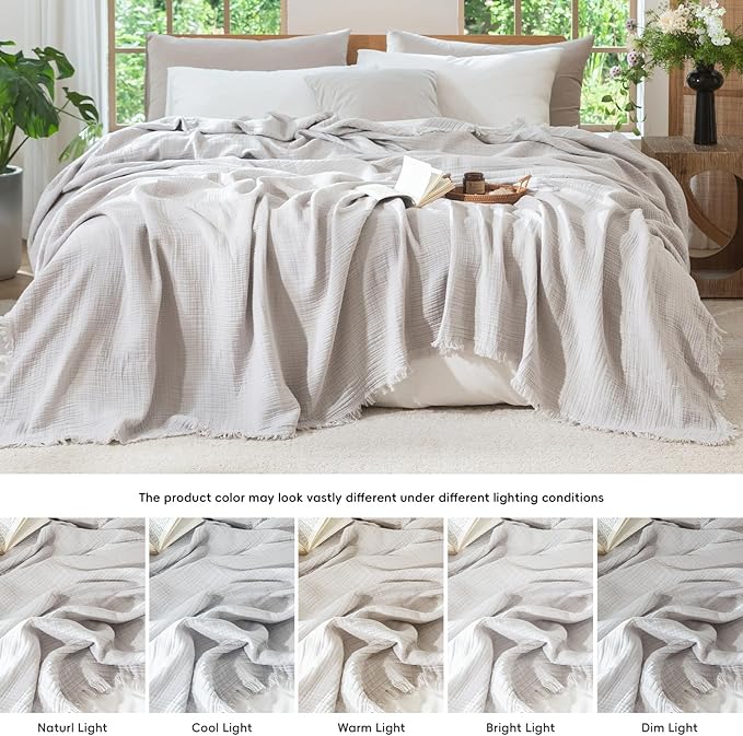 MooMee Muslin Blanket - 100% Cotton 4-Layer Gauze Throw Blanket with All-Around Fringe, Ultra-Soft Breathable Lightweight Cooling Decorative for Bed, Sofa & Couch (Light Grey,Throw XL 50" x 70")