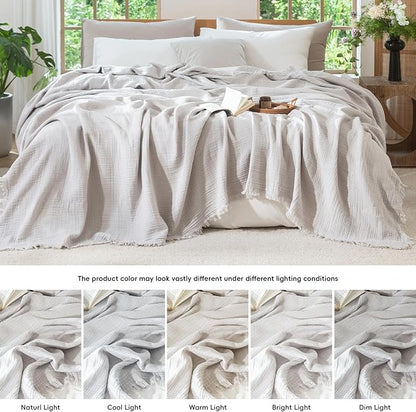 MooMee Muslin Blanket - 100% Cotton 4-Layer Gauze Throw Blanket with All-Around Fringe, Ultra-Soft Breathable Lightweight Cooling Decorative for Bed, Sofa & Couch (Light Grey,Throw XL 50" x 70")