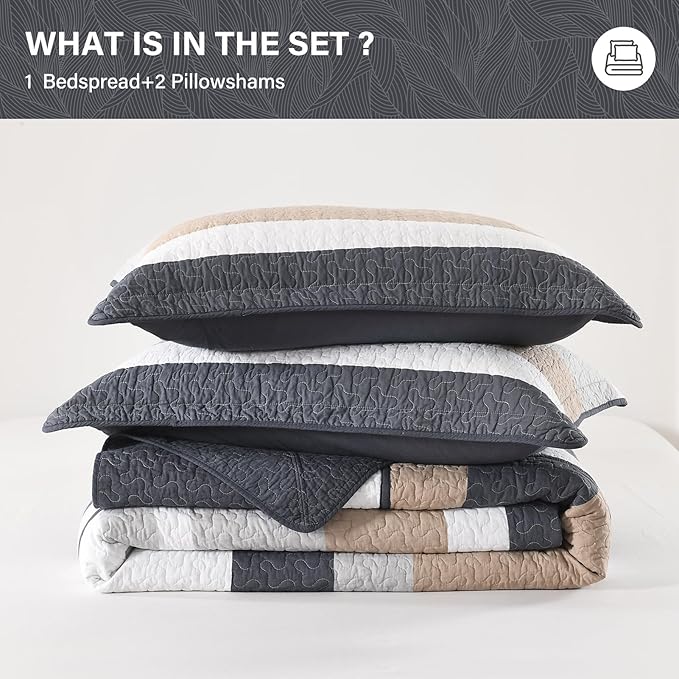 SahSahCasa 120"x102" 100% Cotton Oversized Queen Bedspread Coverlet Striped Quilt Set, Quilted Bedspread Extra Large Quilt, XL Bed Spread Lightweight Comforter, 3pc, Brown/Dark Slate Gray
