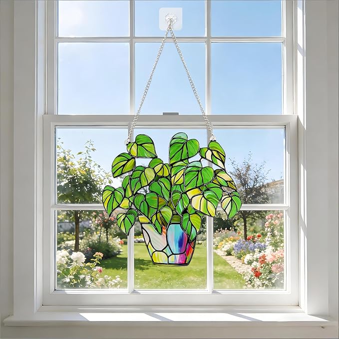 Stained Glass Plant Suncatcher Window Hanging, Marzovitra 10 Inch Real Glass Potted Green Leaves Sun Catcher with Chain Botanical Sun Catcher Window Decor for Home Garden, Plant Lover Gift