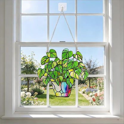 Stained Glass Plant Suncatcher Window Hanging, Marzovitra 10 Inch Real Glass Potted Green Leaves Sun Catcher with Chain Botanical Sun Catcher Window Decor for Home Garden, Plant Lover Gift