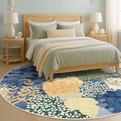 DEXDE Large Round Rug 9ft Washable Circle Area Rugs Non Slip Low Pile Boho Floral Circular Carpet for Bedroom Bathroom Entryway Kids Room Office Dining Room,Blue