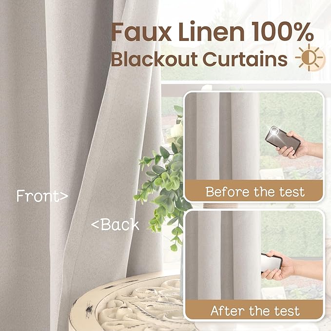 BGment 100% Linen Blackout Curtains 72 Inch Long for Bedroom -Thermal Insulated Blackout Curtains for Living Room/Farmhouse Rustic Netural Lightweight Window Drapes 2 Panels Set, 52 x 72 Inch