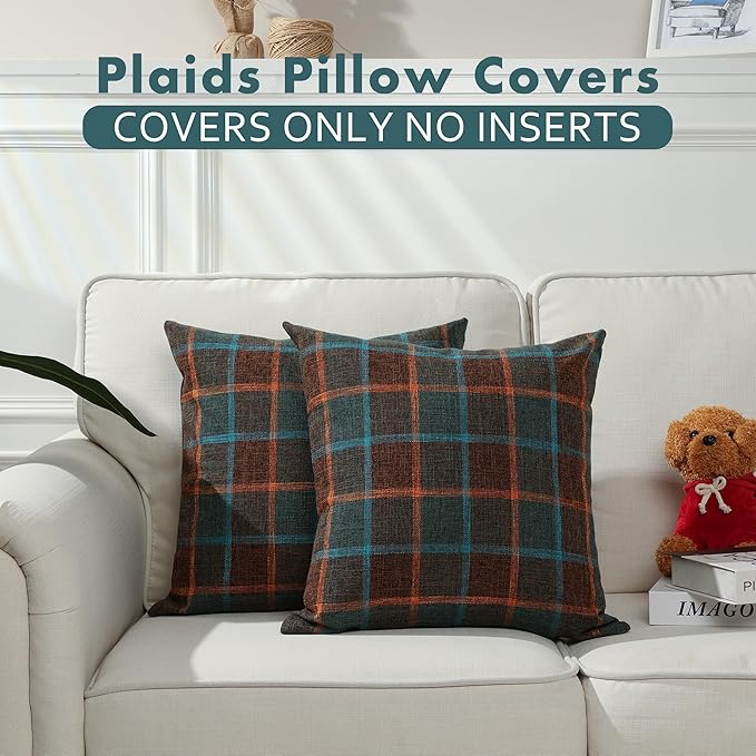 Stellhome Pack of 2 Fall Linen Buffalo Check Decorative Throw Pillow Covers, Farmhouse Plaid Cushion Covers Rustic Retro Decor for Couch Sofa Living Room, 20x20 Inch, Blue and Orange