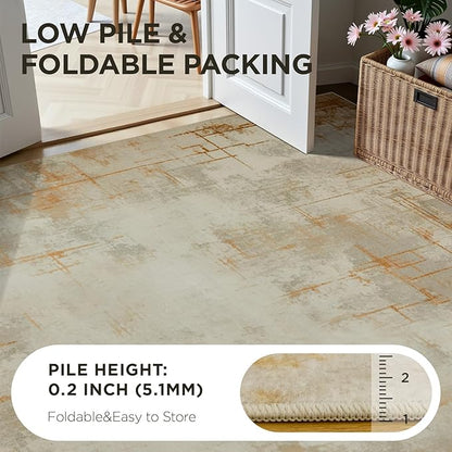 Joydeco 5x7 Area Rugs for Living Room, Washable Modern Abstract Non Slip Soft Rug, Low Pile Carpet for Bedroom, Dining Room, Home Office, Pet & Child Friendly, Light Brown & White&Beige