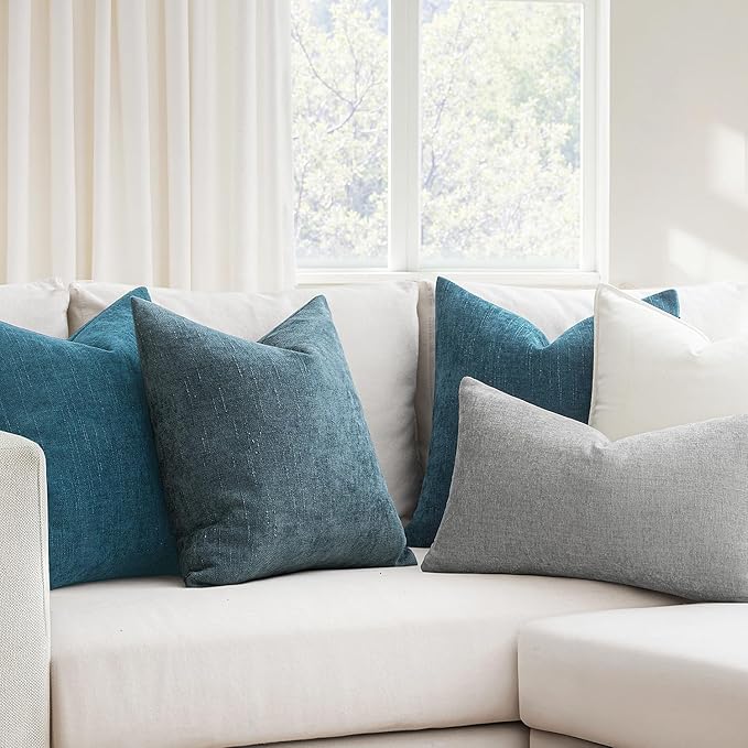 MIULEE Pack of 2 Decorative Throw Pillow Covers Soft Chenille Throw Pillows Solid Textured Cushion Covers for Couch Sofa Bedroom Living Room 20x20 Inch, Teal Blue